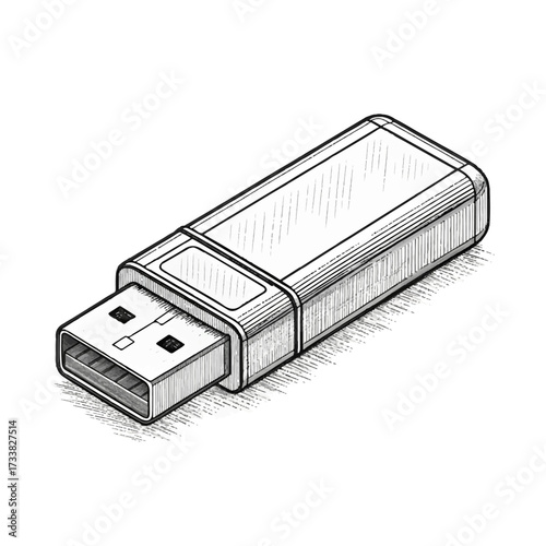 Minimal black and white line art of a USB flash drive storage device, clean geometric outline, simple modern illustration isolated on plain background.
