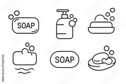 Minimalistic line icons of soap bars, liquid soap dispenser, bubbles. Vector black outline pictogram set for hygiene, cleanliness, hand washing, web design, social media, apps, banners, cards.