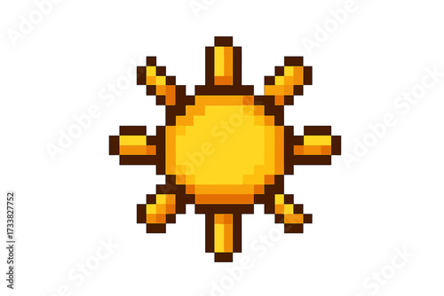 Pixelated sun icon. Bright yellow sunshine. Retro 8-bit sunlight symbol. Vintage pixel art weather icon. Sunny forecast element. Nostalgic video game style sun graphic isolated on white background.