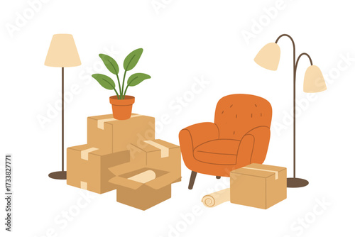 Moving to a New Home Concept Banner. Cardboard Boxes, Packing, Unpacking, Furniture, Houseplant, Cozy Armchair, Floor Lamps, Relocation Process, Home Interiors, Transport, Removal Company Services