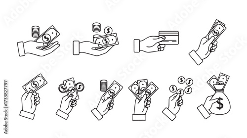 Collection of hand gestures showing money transactions and financial concepts in outline style vector