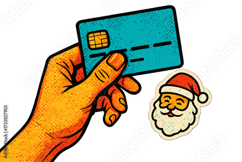 Christmas holiday shopping concept. Hand holding credit card for online payment. Santa Claus sticker. Xmas gift spending, holiday budget, and consumerism vector illustration.