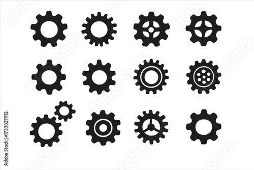 Set of black gear wheel icons, mechanical cog vector collection on transparent background, assorted engineering and machinery cogs, simple industrial gearwheel silhouettes, mechanical process symbols