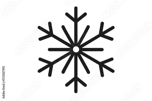 Minimalist Black Snowflake Icon Isolated on White, Winter Frost Symbol, Frozen Weather, Geometric Ice Crystal Design, Clean Modern Shape, Seasonal Cold Climate Vector Element