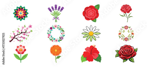 Colorful Flower Vector Set – Roses, Daisy, Hibiscus, Lavender, Cherry Blossom, Floral Wreaths