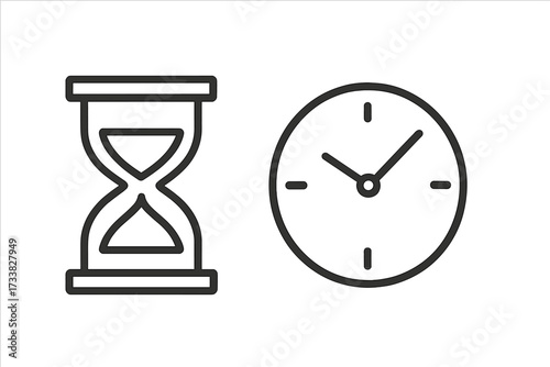Hourglass and Clock Minimalist Thin Line Icon Set. Time Management, Deadline, Stopwatch, Classic Analog Watch. Vector Illustration for Web Design, Mobile Apps, Banners, Social Media, Cards, UI UX.