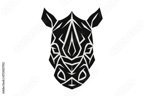 Geometric rhinoceros head vector illustration. Stylized tribal rhino icon. Abstract wildlife animal design. Polygonal black and white silhouette. Modern safari art for decoration, tattoo, poster.