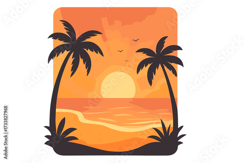 Tropical sunset beach scene vector illustration with silhouettes of palm trees, glowing sun, orange sky, sand, tranquil ocean, birds flying, summer vacation party and beach travel poster background.