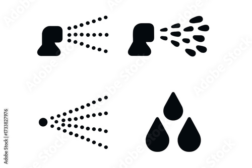Spray icon set, water spray symbols, abstract spraying action, sprinkler, mist, droplets, liquid dispersion, vector illustration, black silhouette icons, isolated on white background