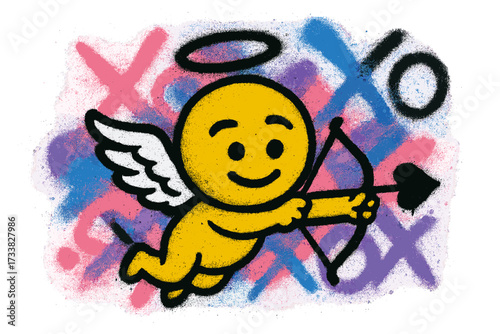 Graffiti style winged cupid emoji with halo and heart arrow flying over colorful sprayed XOXO abstract shapes, vintage 90s street art illustration for grunge greeting cards and urban pop design