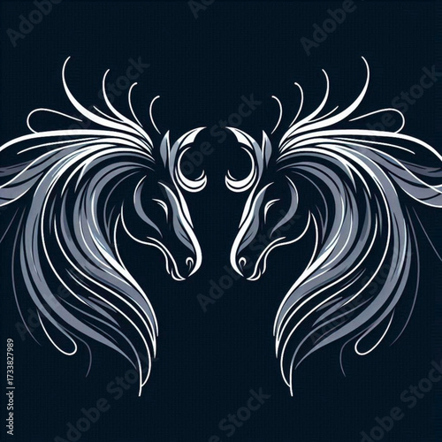 Stylized horse heads facing each other with flowing manes on dark background