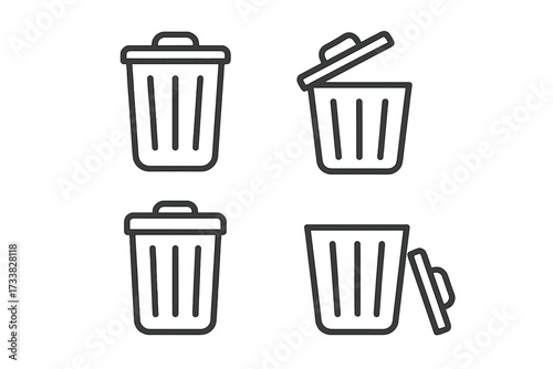 Trash bin icon set. Wastebasket silhouette vector. Minimal editable stroke. Garbage can line symbols for UI, apps, placards, web, cards, book design. Open lid, closed lid, empty bin, vector isolated.