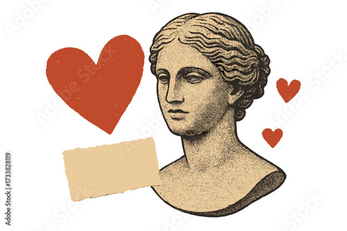 Valentine's Day retro collage vector. Antique goddess statue, Venus bust with halftone effect. Vintage love card concept with torn paper texture and red heart graphic elements.