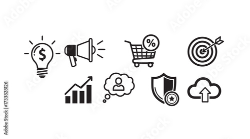 Business icons collection featuring growth chart bulb shopping cart shield cloud and target for digital marketing vector