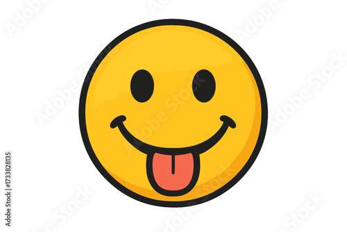 Silly emoticon sticking its tongue out. Happy yellow emoji with a playful, teasing and funny expression. Cute cartoon character face icon for chat. Vector illustration.