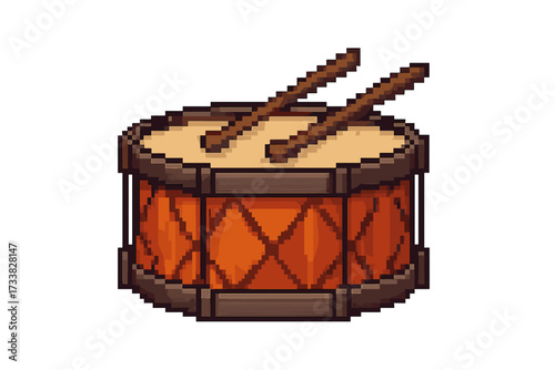 Pixel art drum icon. 8-bit snare drum with sticks. Vector musical instrument. Retro gaming sprite asset. Percussion, rhythm, beat, sound symbol for game design element.