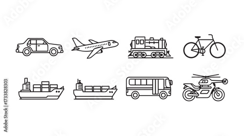 Collection of hand-drawn transportation icons including car airplane boat bus motorcycle vector