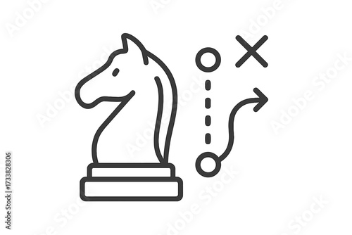 Minimalist chess knight strategy icon. Thin line illustration of horse piece, tactical move path, planning, decision making, turning point, corporate strategy concept, business logic, isolated vector.