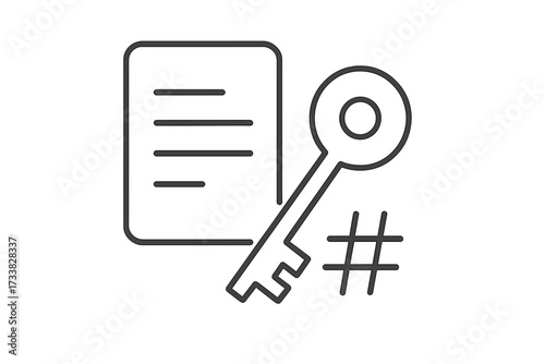 Thin stroke line vector icon of document, key, and hashtag representing SEO keywords, search engine optimization, metadata, website ranking, analytics, digital marketing, and online content strategy