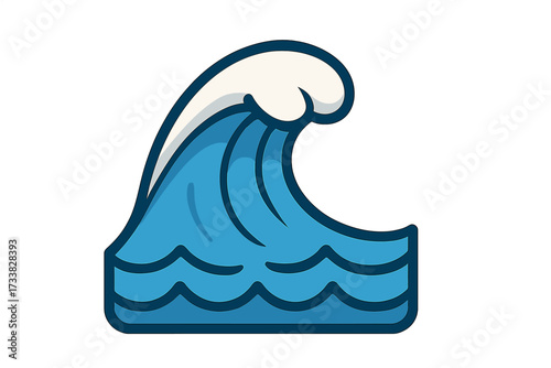 Cartoon ocean wave icon. Linear water symbol with bold outline. Sea surf crest stylized vector illustration. Beach, marine, aquatic design. Blue swirling tide, splash, curve. Stock isolated artwork.