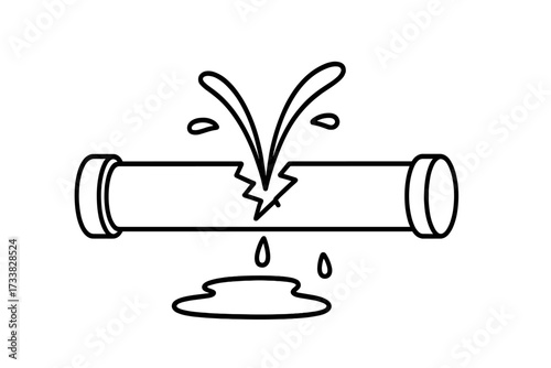 Broken pipe with water leak line icon. Vector illustration of a burst pipeline. Concept of plumbing emergency, damage, and repair. Water leakage, spilling, and dripping.