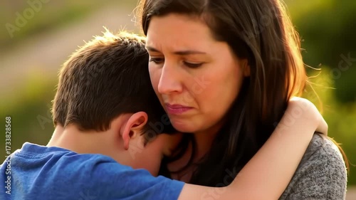 A caring mother comforts her sad young son with a gentle and supportive hug outdoors.