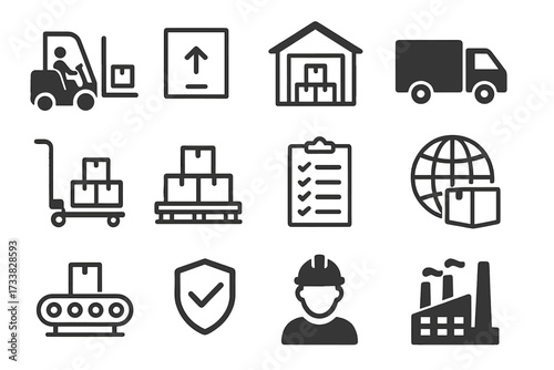 Industrial logistics icons forklift, pallet, warehouse, truck, production conveyor, worker, shipping checklist, cargo, shipping, protection, supply chain, manufacturing plant, global export