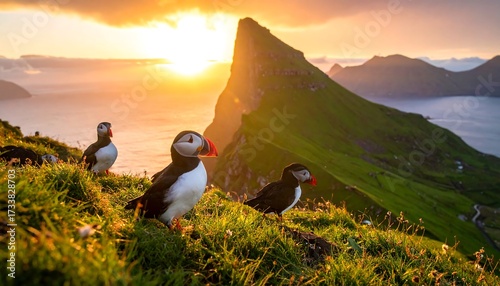 Puffins at sunset on a dramatic cliff