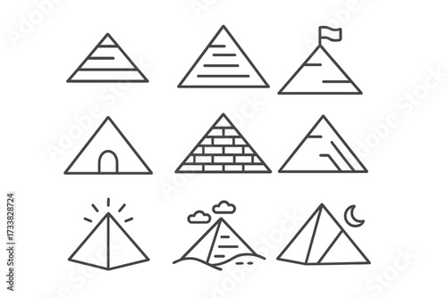 Pyramid and mountain line icon set. Symbols of Egypt, travel, camping tents, and achievement peaks. Abstract triangle shapes for logo design. Editable stroke vector pack.