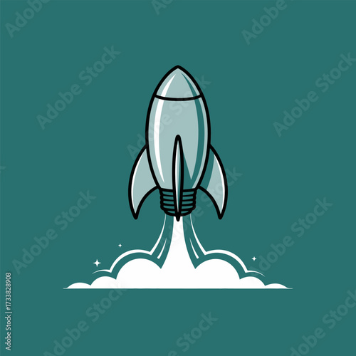 rocket launch icon, lifting through clouds, startup ambition theme, space exploration branding, dynamic propulsion plume, teal vector illustration
