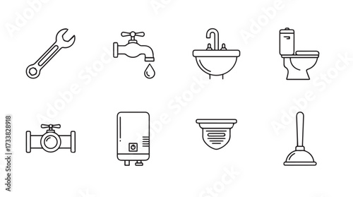 Set of eight essential plumbing icons including wrench faucet sink toilet valve water heater shower and plunger vector