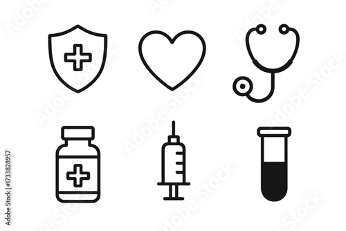 Medical icon set. Health, heart, stethoscope, medication, syringe, test tube. Vector line art illustration. Healthcare, cardiology, pharmacy, vaccination and lab analysis concepts.