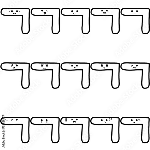 Cute korean alphabet consonant giyeok doodle character with various expressions and  highlighted heart eyes, an outline black and white illustration set for stickers, emoji, and coloring books. 
