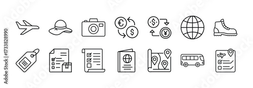 Vector travel icons set vacation planning trip adventure tourism elements and accessories outline style