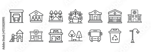 Community buildings icons set vector illustration line art of city infrastructure and public service places