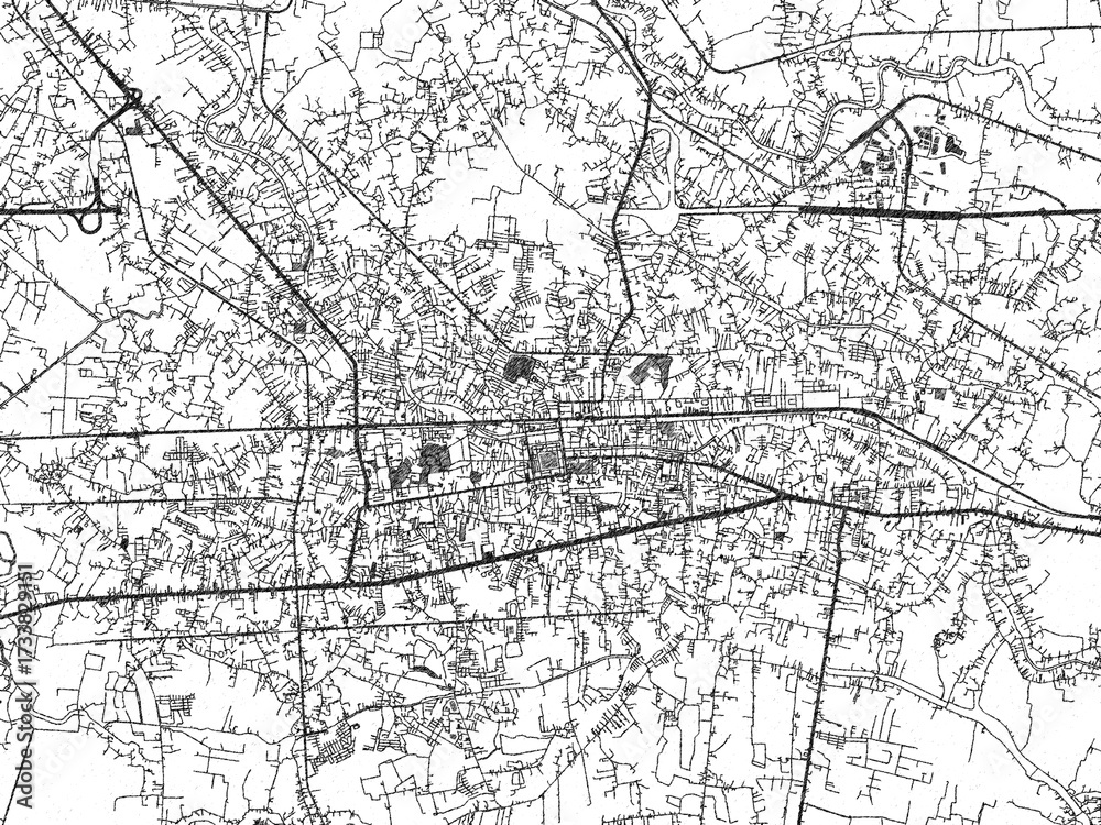 Fototapeta premium Stylized decorative city map of Nakhon Pathom, Thailand, hand-drawn in black and white.