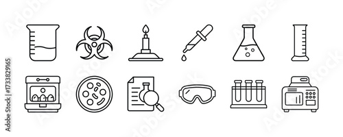 Laboratory science equipment icons vector set beaker flask test tubes petri dish pipette burner safety glasses