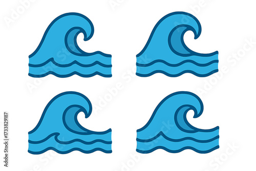 Set of ocean wave icons. Flat style vector cartoon illustration. Sea water surf symbol collection for nature, travel, or weather logo design. Simple blue liquid splash graphic.