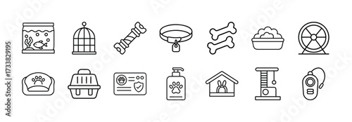 Pet supplies outline icons vector set collection of animal care accessories and equipment design
