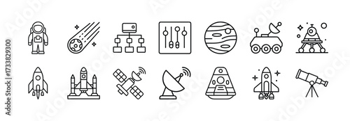 Space exploration icons vector set astronaut rocket satellite telescope planet rover and more icons