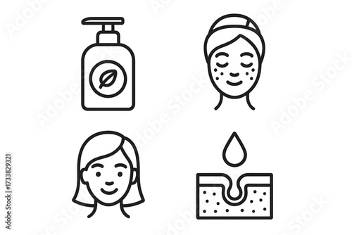 Skincare and beauty line icon set. Dermatology concepts. Face with acne and clean skin. Organic cosmetic, serum hydration, and cosmetology pictograms for web, apps, and design.