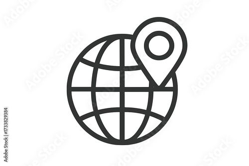 World location pin. Globe with map pointer icon. Global travel, navigation concept. Earth destination marker. GPS sign. International business. Linear vector symbol illustration.