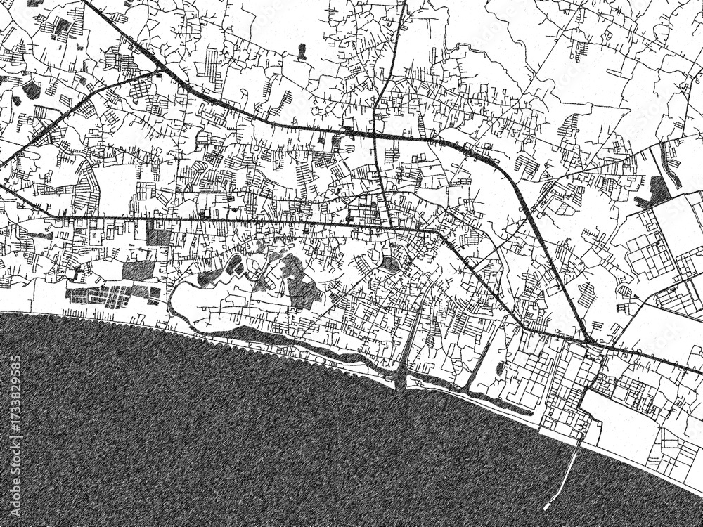 Naklejka premium Detailed artistic sketch map of Rayong, Thailand, in monochrome black and white.