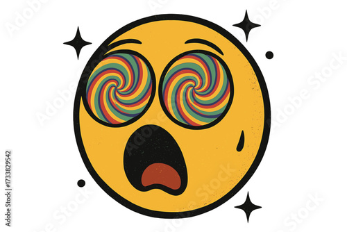 Retro vintage emoticon with psychedelic spiral eyes. Trippy 70s smiley face in awe. Groovy, overwhelmed, and dizzy emoji character. Hypnotic vector illustration concept.