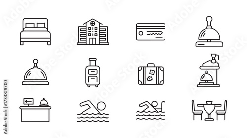 Collection of hotel and travel icons representing accommodation services and amenities vector