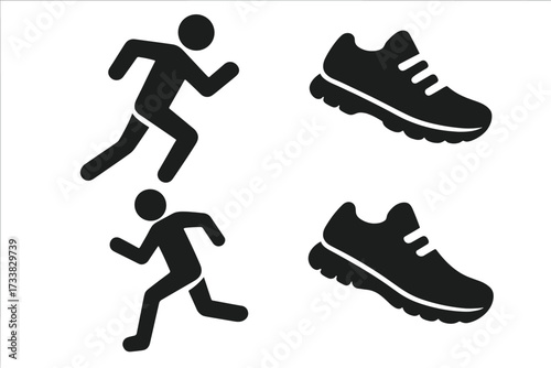 Running icon set with runner silhouettes and sport shoes. Vector graphic symbol collection for fitness, exercise, and healthy active lifestyle. Marathon, jog, workout pictogram.