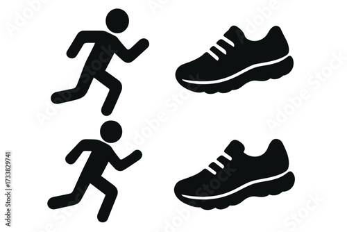 Running man and shoe icon set. Vector glyph silhouette of athlete, sprinter. Jogging, fitness, and sport symbol. Marathon run, workout, cardio exercise concept.