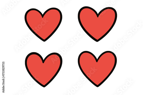 Set of four red heart icons in a hand-drawn doodle style. Vector illustration symbol of love, romance, and passion for Valentine's Day. Simple cute graphic design element.
