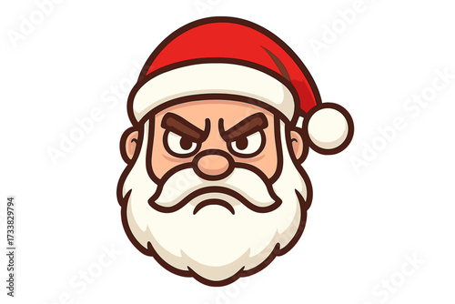 Angry Santa Claus face icon. Furious cartoon character head. Mad grumpy St. Nicholas mascot. Negative emotion, bad mood concept for Christmas holiday. Vector illustration.