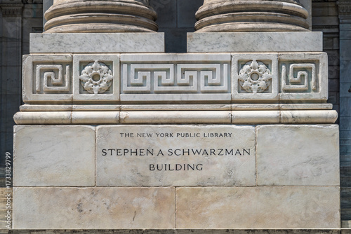 Marble columns and inscription at the New York Public Library Schwarzman Building, Manhattan, New York City.